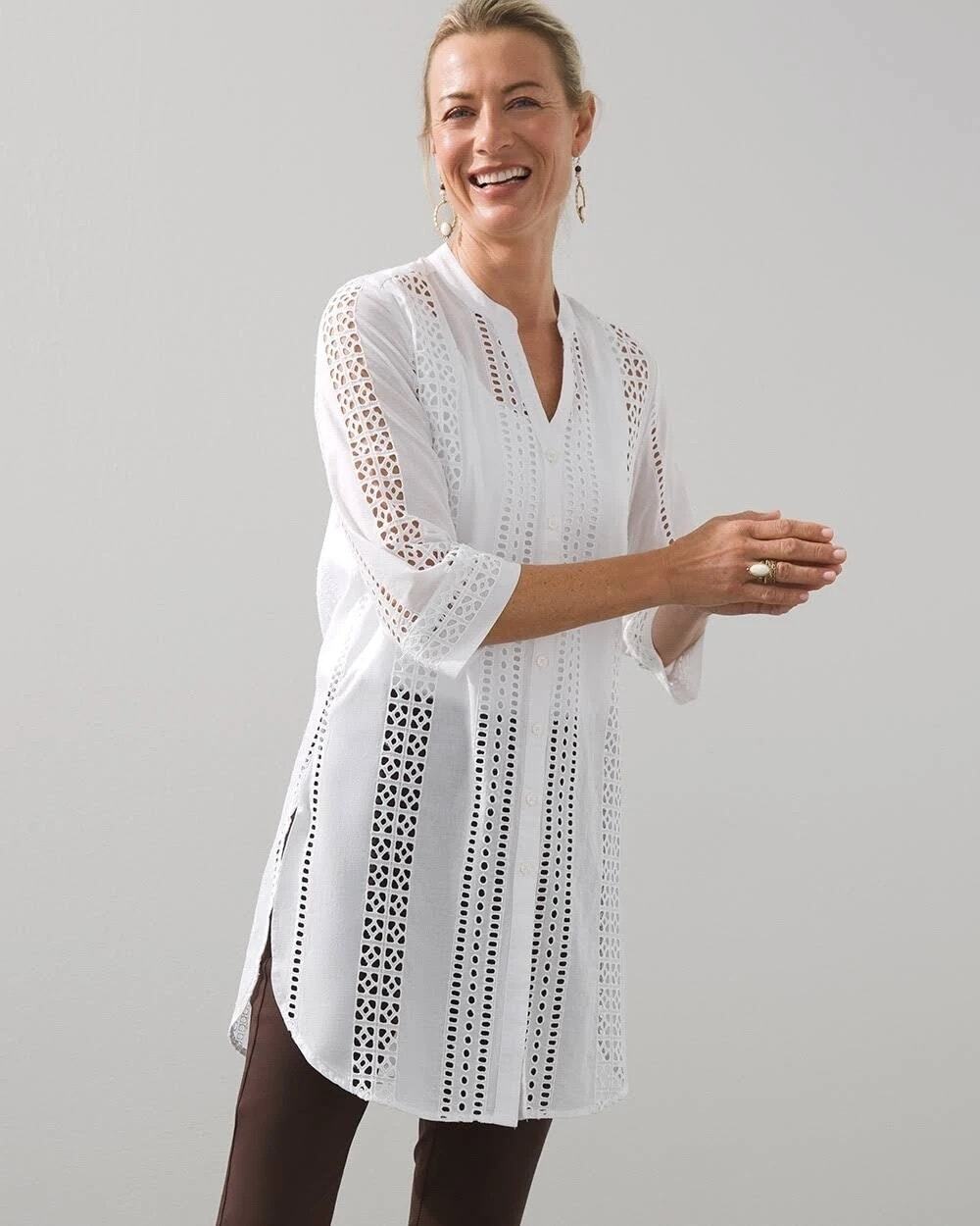 CHICO'S White Eyelet Maxi Tunic Coverup 3/4 Sleeve Button Up, Cotton 16/18 NWT
